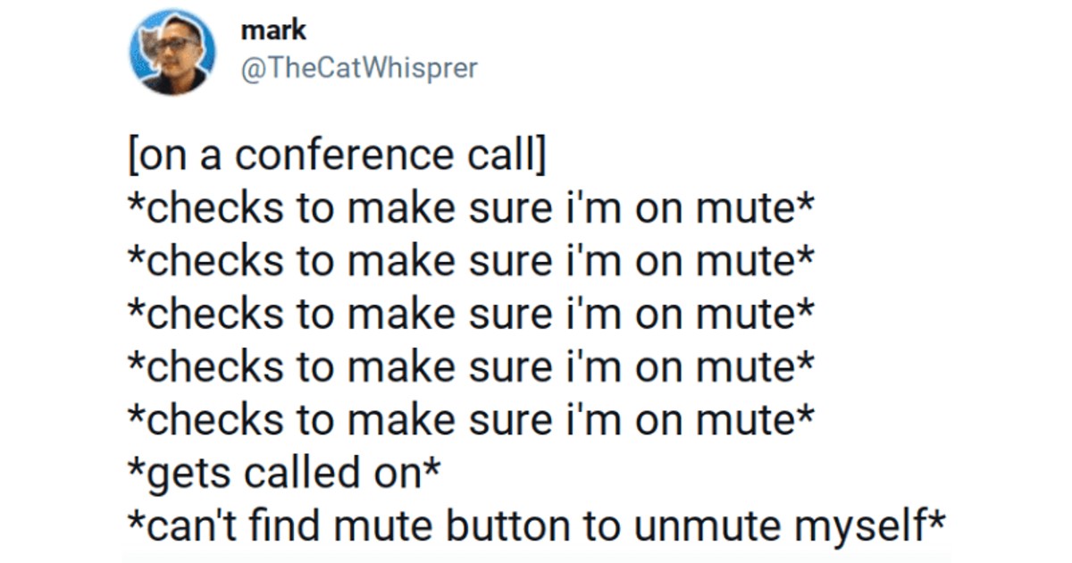 zoom tweet - [on a conference call] *checks to make sure i'm on mute* *checks to make sure i'm on mute* *checks to make sure i'm on mute* *checks to make sure i'm on mute* *checks to make sure i'm on mute* *gets called on* *can't find mute button to unmute myself*